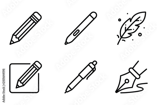 Handdrawn icons of various writing tools including pencils pens feather and ink nibs illustration