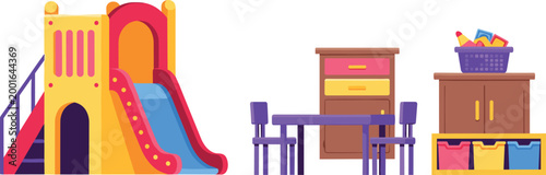 Kids playroom furniture set with playground slide table chairs storage cabinet and toy boxes colorful kindergarten interior vector illustration