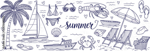 Hand drawn summer beach doodle set with palm tree sailboat umbrella flip flops seashells crab sunglasses nautical vacation vector illustration