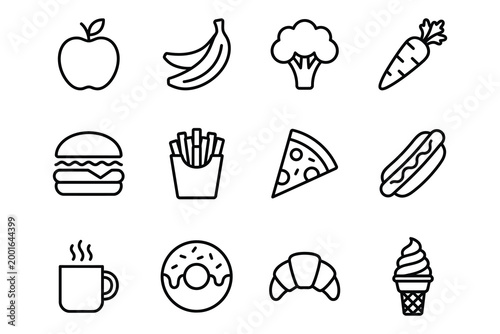 Handdrawn line icons of fruits vegetables fast food and snacks in minimalist style