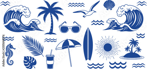 Monochrome summer beach elements set blue ocean waves palm tree surfboard sunglasses tropical icons collection vector illustration