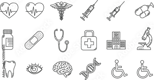 Medical icons set healthcare symbols and instruments in black and white