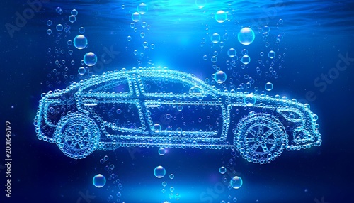 Futuristic hydrogen car silhouette formed by glowing bubbles underwater representing clean energy and zero emission engine