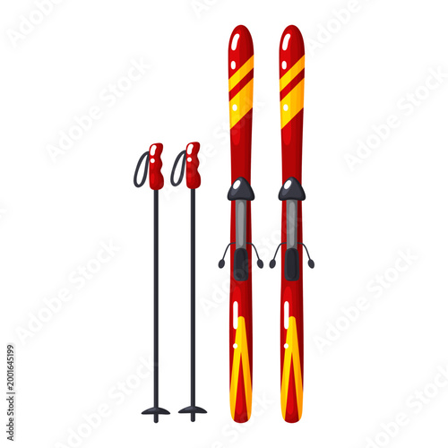 Red Yellow Skis and Poles Set Cartoon Vector Icon