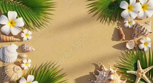 Tropical beach scene with seashells, starfish, and plumeria flowers on sand