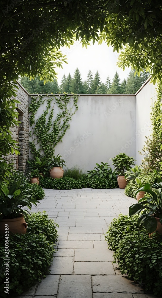 Naklejka premium Tranquil courtyard garden with stone pathway and lush green plants creating a serene outdoor oasis
