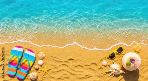 Colorful beach accessories on sandy shore with clear blue water