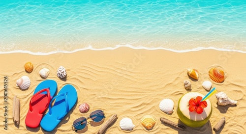 Beach scene with flip flops, seashells, sunglasses, and a refreshing coconut drink on sand