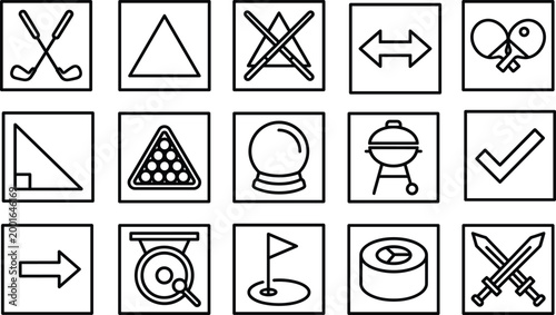 Collection of black outline icons representing sports, geometry, tools, navigation, and recreational activities for design concepts