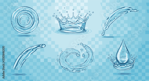 Realistic water splash set transparent droplets waves crown ripple liquid motion blue aqua vector illustration collection