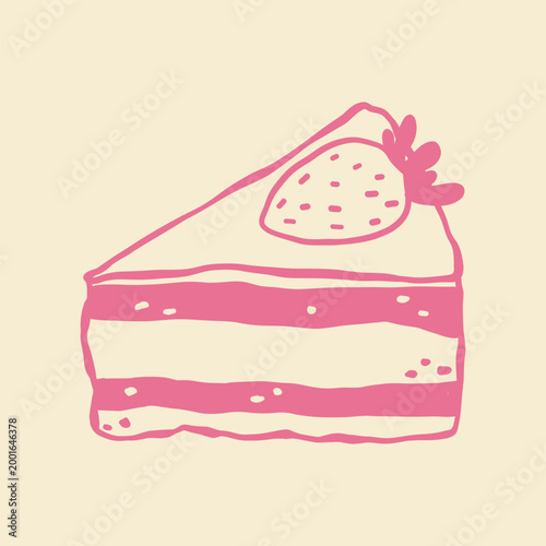 Piece of strawberry cake pink retro vector illustration. Vintage cafe, patisserie and bakery doodles series , hand drawn line art illustration.