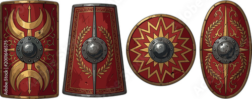 A detailed collection of four ancient Roman military shields featuring the rectangular scutum, parma round shield