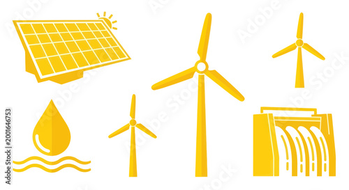 Renewable Energy Icons: Solar, Wind, Hydroelectric, Water Drop