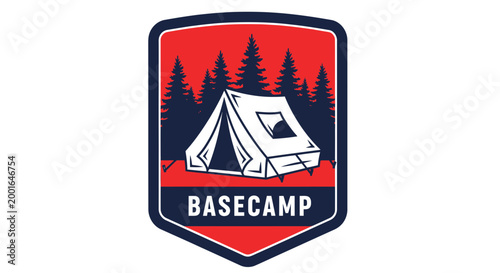 Retro Camping Badge Emblem with Tent, Trees, and Mountains