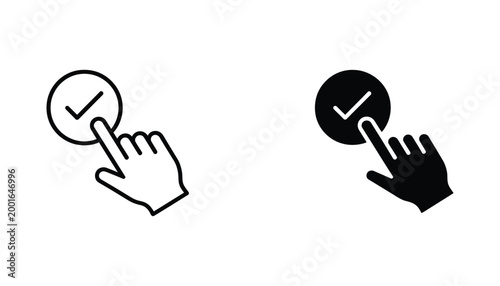 Finger tapping on screen button icon set featuring checkmark confirmation symbol in linear and solid black glyph styles for interactive interface design