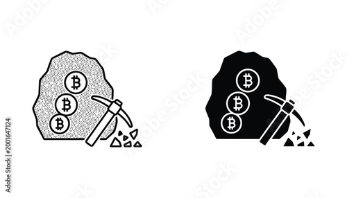Bitcoin cryptocurrency mining concept icon set with pickaxe and coins in outline and solid black silhouette styles for blockchain finance graphic design