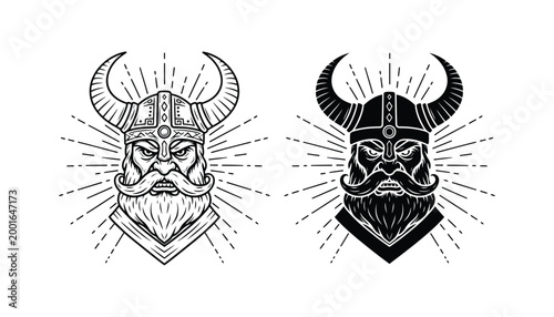 Viking warrior head with horned helmet icon set in outline and solid black silhouette styles for historical or fantasy gaming mascot designs