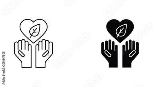 Eco friendly heart and hand icon set representing environmental protection and sustainability in linear and solid black vector design for green initiatives