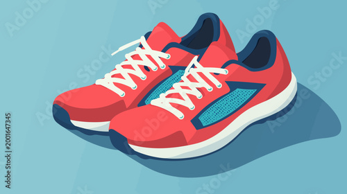 Illustration of red and blue running shoes with white laces, casting a shadow