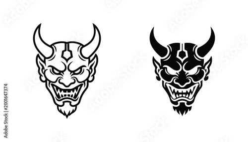 Traditional Japanese Hannya demon mask with goatee and horned details in black and white vector style