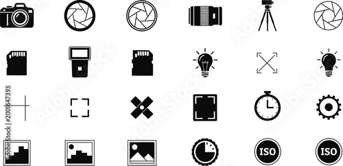 Photography gear icons define camera settings.