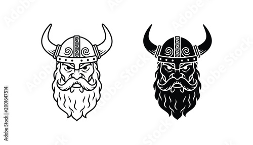 Viking warrior helmet icon set featuring aggressive bearded character with horned headgear in linear and solid black glyph styles for historical or fantasy themes