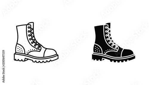 Military combat boots icon set featuring detailed footwear design in linear and solid black glyph styles for tactical apparel or outdoor adventure gear