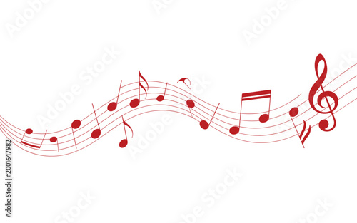 Hand-drawn red musical notes and treble clef on white background for music education and composition