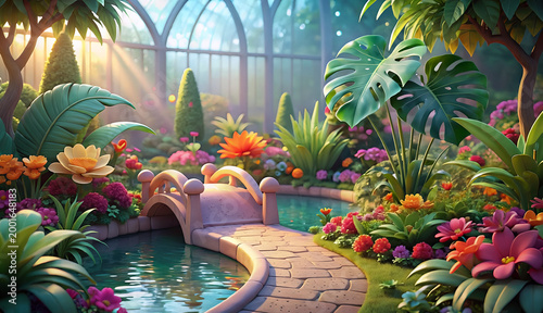 A lush tropical garden features vibrant flowers and trees surrounding a sparkling pond under a clear summer sky