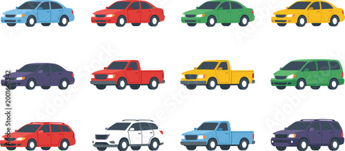 Flat vector colorful vehicle collection featuring side view sedans, pickup trucks, SUVs, and minivans for modern transportation graphic design projects.