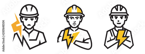 Set of three electrician worker icons with hard hats and lightning bolts.