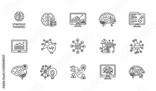 Brain and AI thinking outline icon set cognitive business intelligence vector symbols isolated on white background