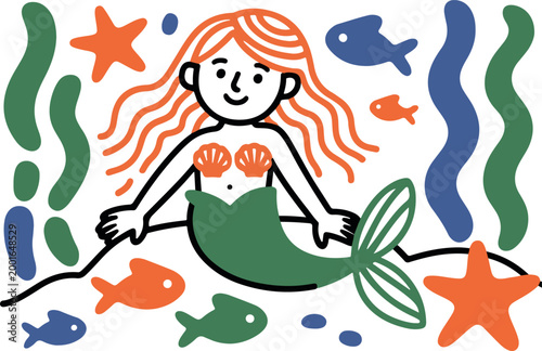 Smiling mermaid with flowing hair and colorful underwater elements vector art.