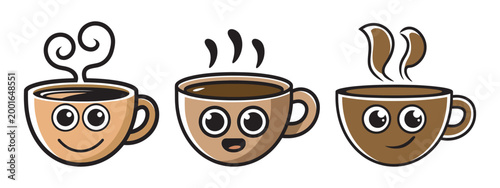 Three cute coffee cups with faces and steam, different colors.