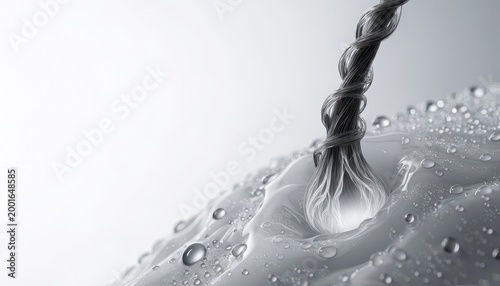 A spiral strand of hair emerges from a surface covered in fresh water droplets