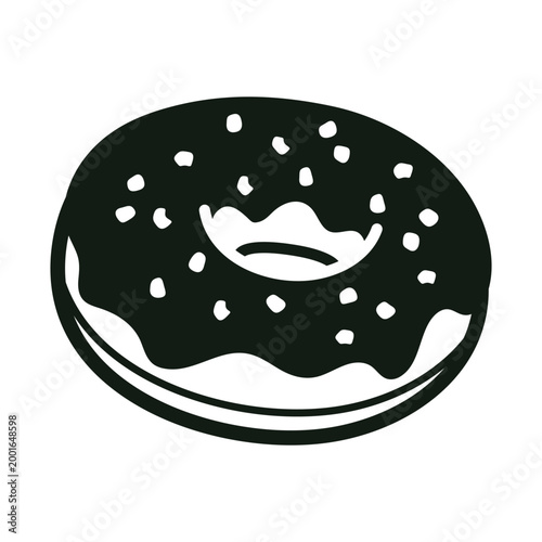 Minimalist black and white hand drawn donut with sprinkles and glaze. Simple sweet pastry doodle icon for bakeries, cafe menus, dessert branding and graphic projects.