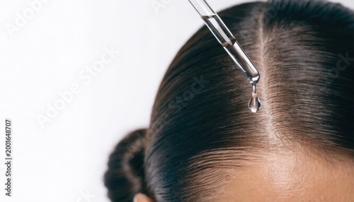Application of a medicinal serum onto dark hair and scalp in a specialized wellness setting
