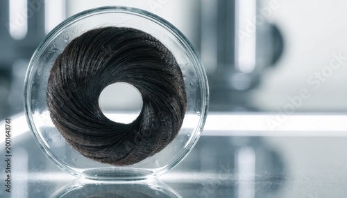 Dark coiled strands of hair displayed in a clear container against a soft modern background
