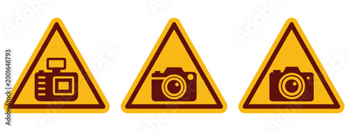 Vector, warning signage collection in triangular shapes for radio and camera equipment, featuring safety hazard symbols, camera and transmission device icons, and industrial caution indicators for 