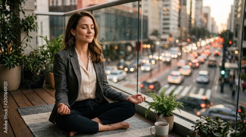 Businesswoman meditating on balcony overlooking busy city street at sunset