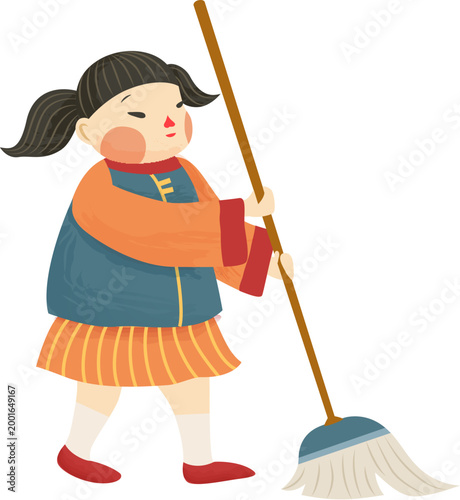 Girl sweeping floor