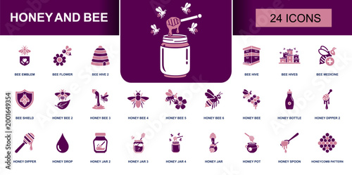Honey and bee icon set. Containing bee emblem, flower, hive, medicine, shield, honey bottle, dipper, drop, jar, pot, spoon, honeycomb pattern, beehive and more. Solid fill vector icons.