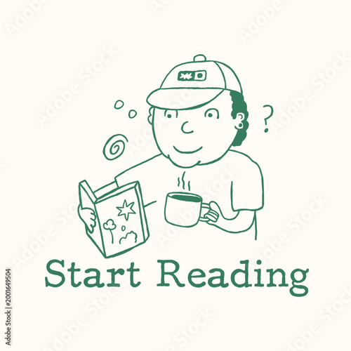 hand drawn cartoon character reading a book illustration