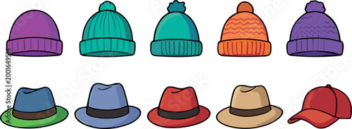A diverse collection of ten colorful cartoon hat illustrations featuring various winter beanies with pom-poms, classic fedoras, and a red baseball cap isolated on a white background.
