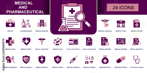 Medical and pharmaceutical icon set. Containing first aid, microscope, clinic, caduceus, heart, pills, prescription, record, shield, syringe, capsule and more. Solid fill vector icons.