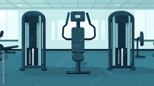 Gym interior with various workout machines, depicted in flat, teal illustration style