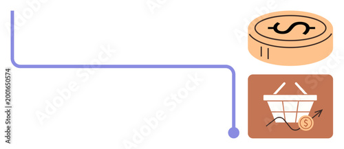 Finance, investment, business strategy, economics, market trends, online shopping. Purple line, coin basket with a rising graph. Finance and investment concept for digital growth