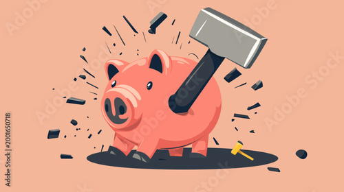 A cartoon pig bank being smashed by a hammer, illustrating financial ruin