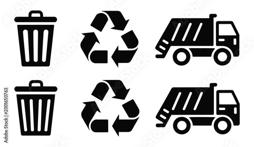 Vector, waste management icons collection including trash bins, recycling symbols, garbage trucks, and environment protection elements, designed for sustainability campaigns, waste sorting systems, 
