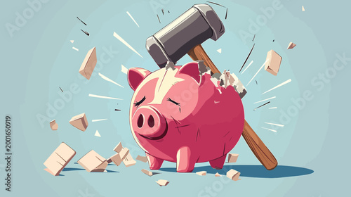 A cartoon pig-shaped bank is smashed by a hammer, with pieces flying. Sky blue backdrop